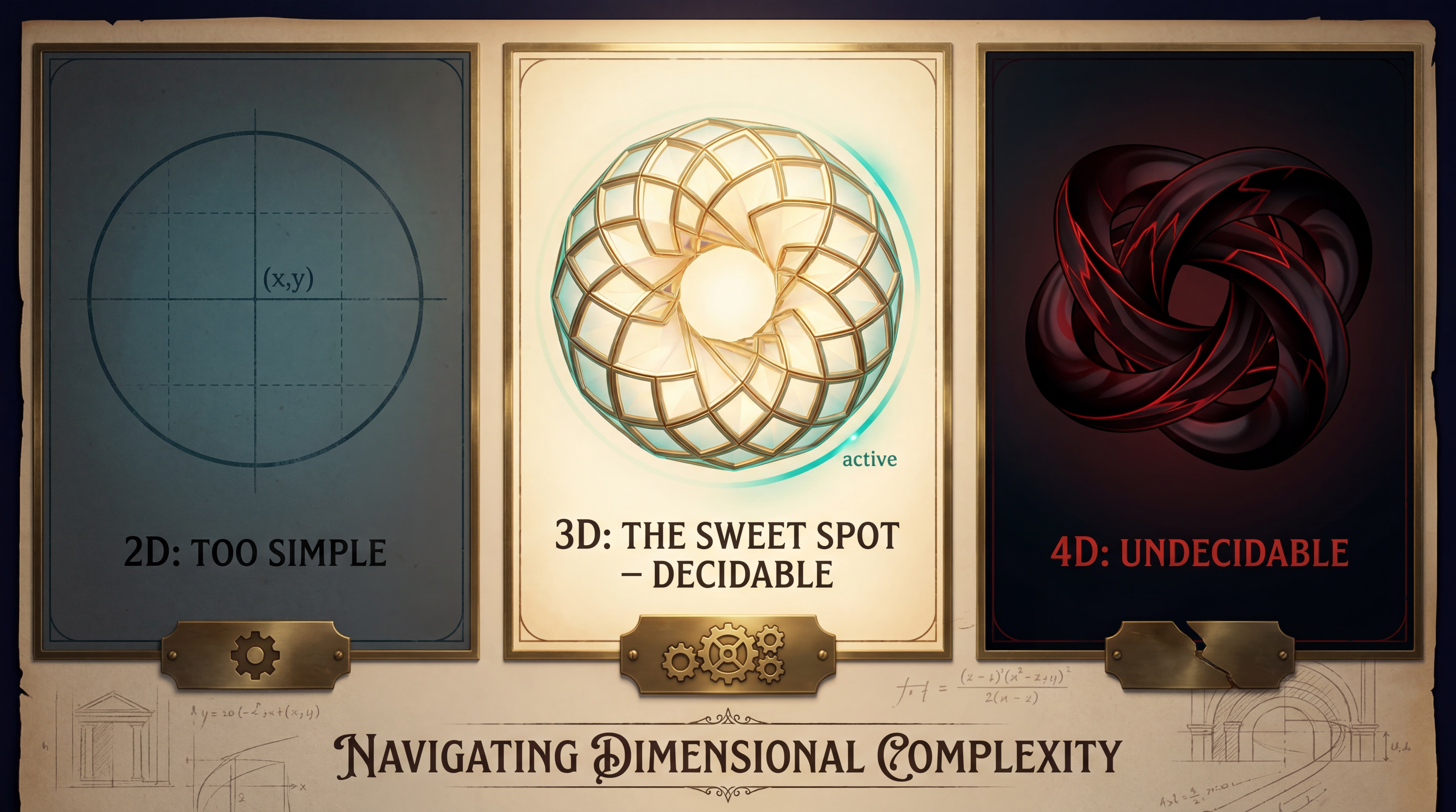 2D (too simple) — 3D (the sweet spot) — 4D (undecidable)
