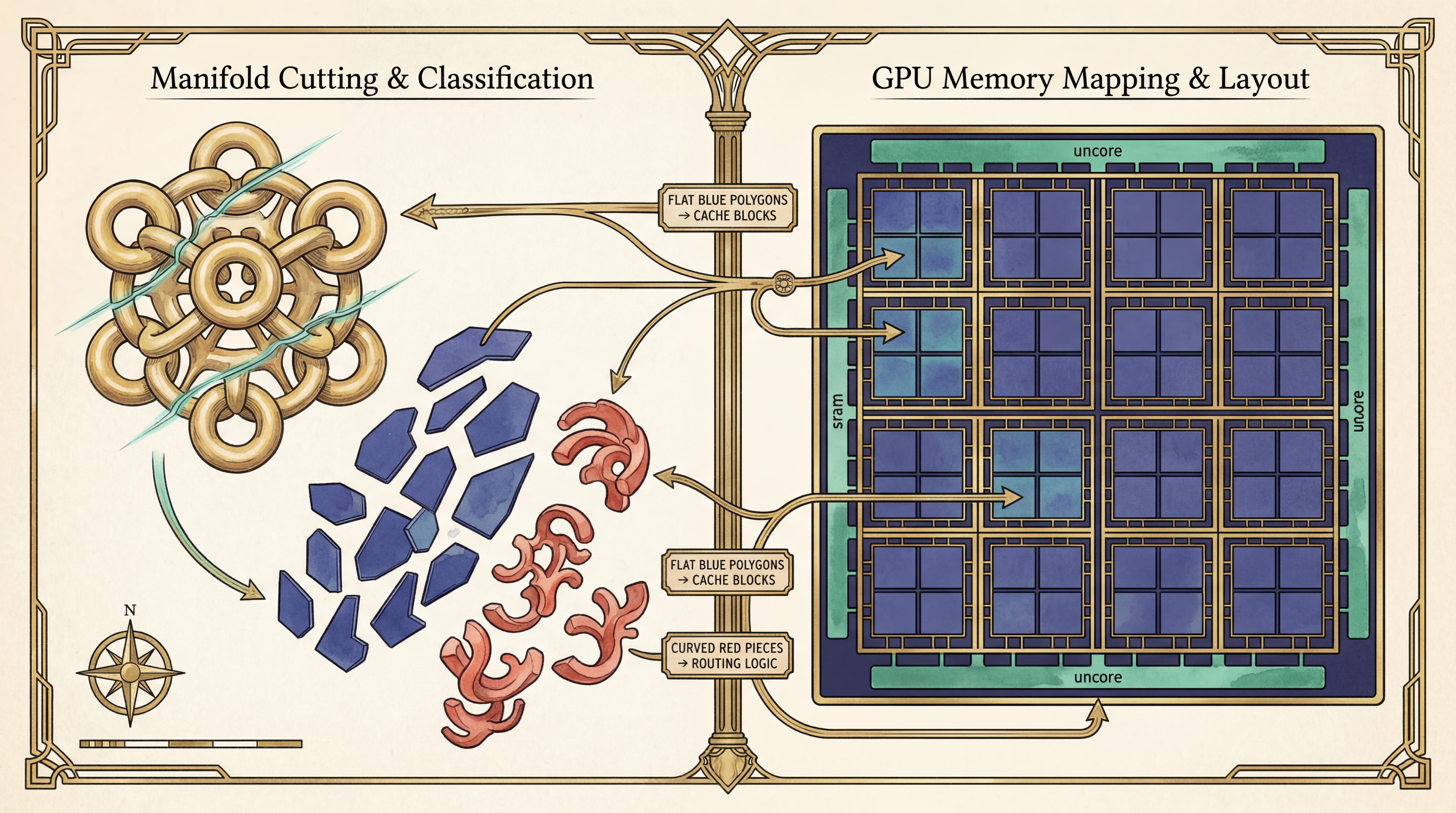 Manifold cutting maps to GPU SRAM tile layout