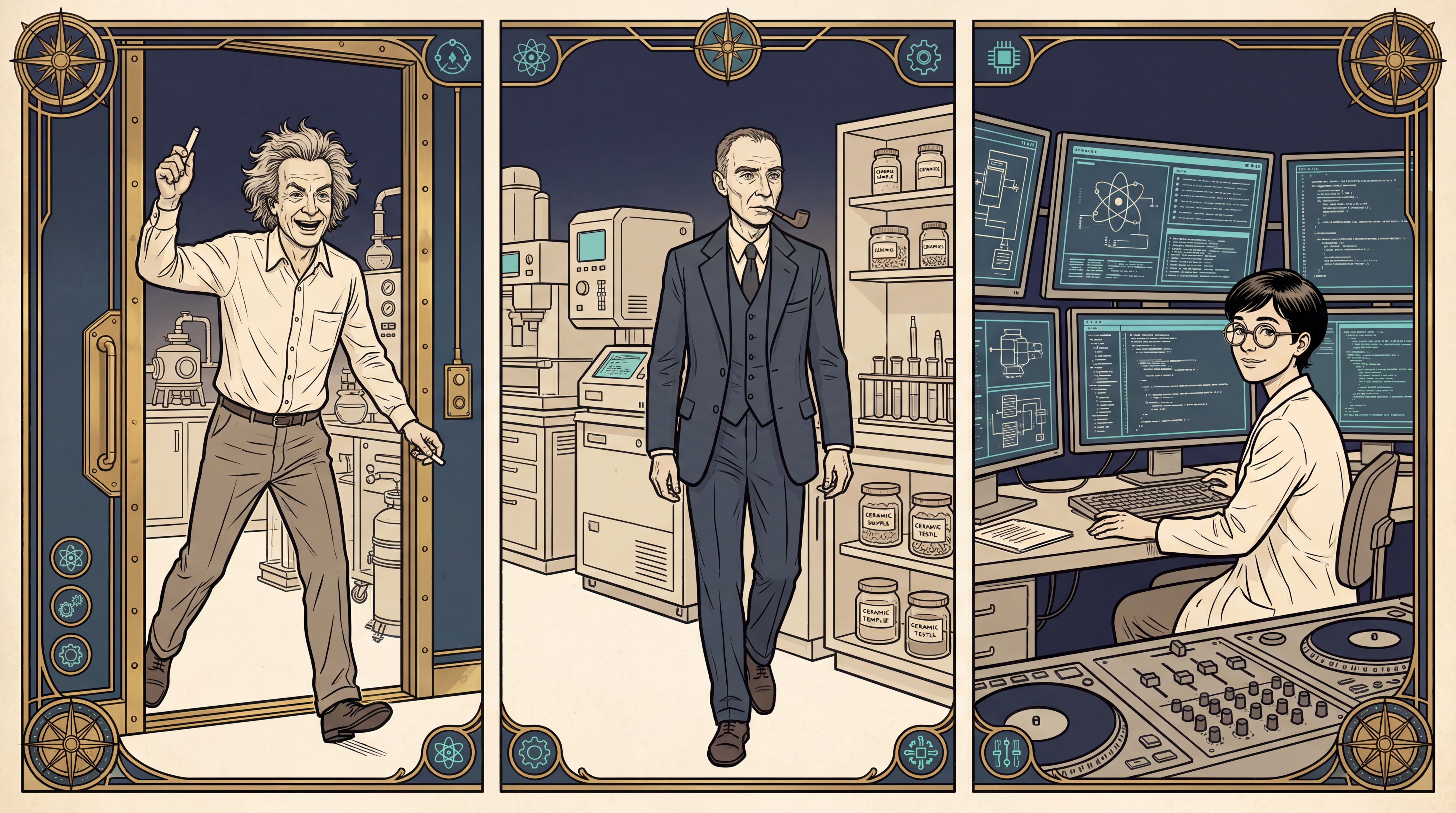 Feynman bursts in, Oppenheimer follows, Danielle looks up from monitors