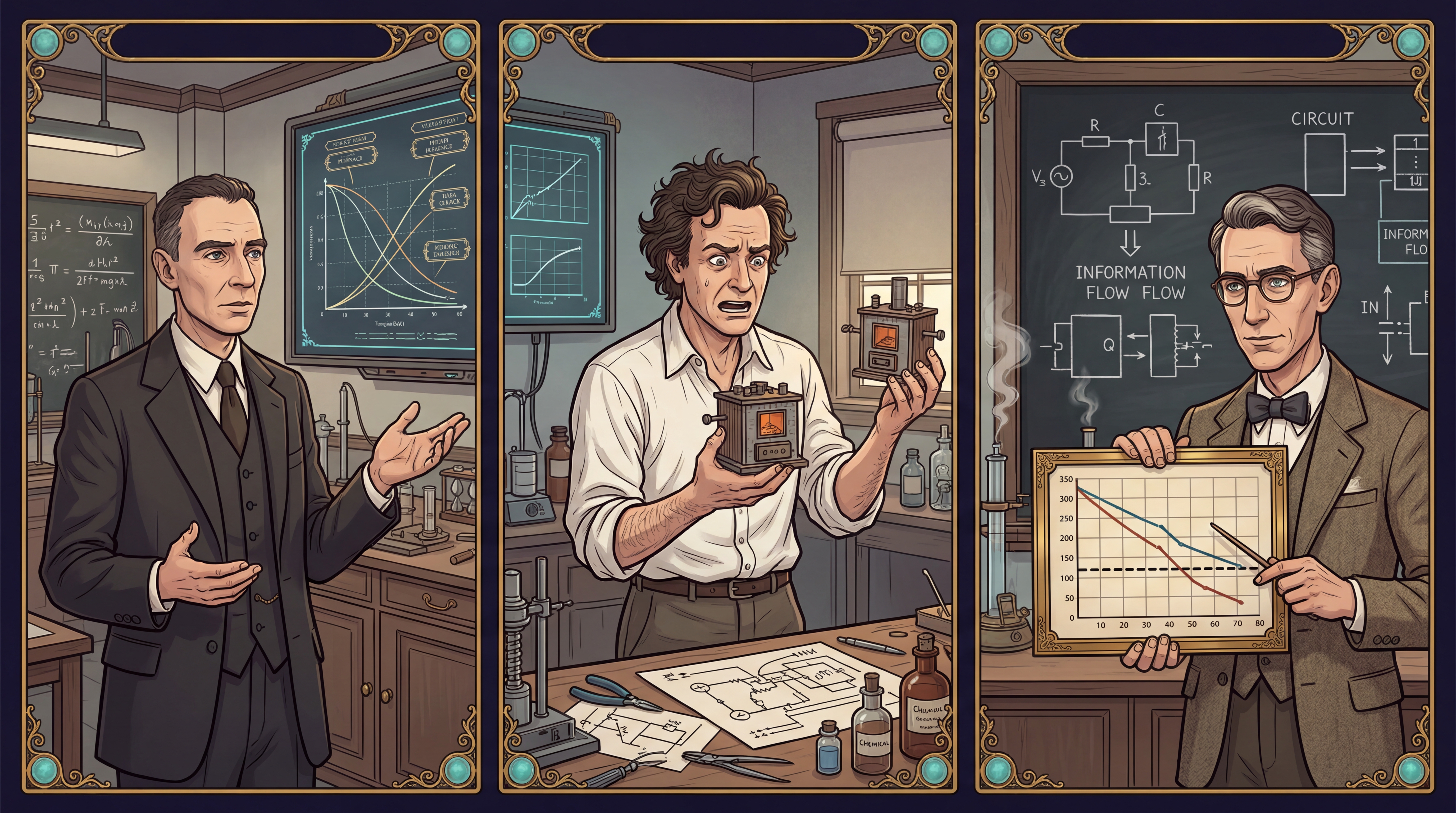 Oppenheimer diplomatic, Feynman horrified, Shannon with failing graph