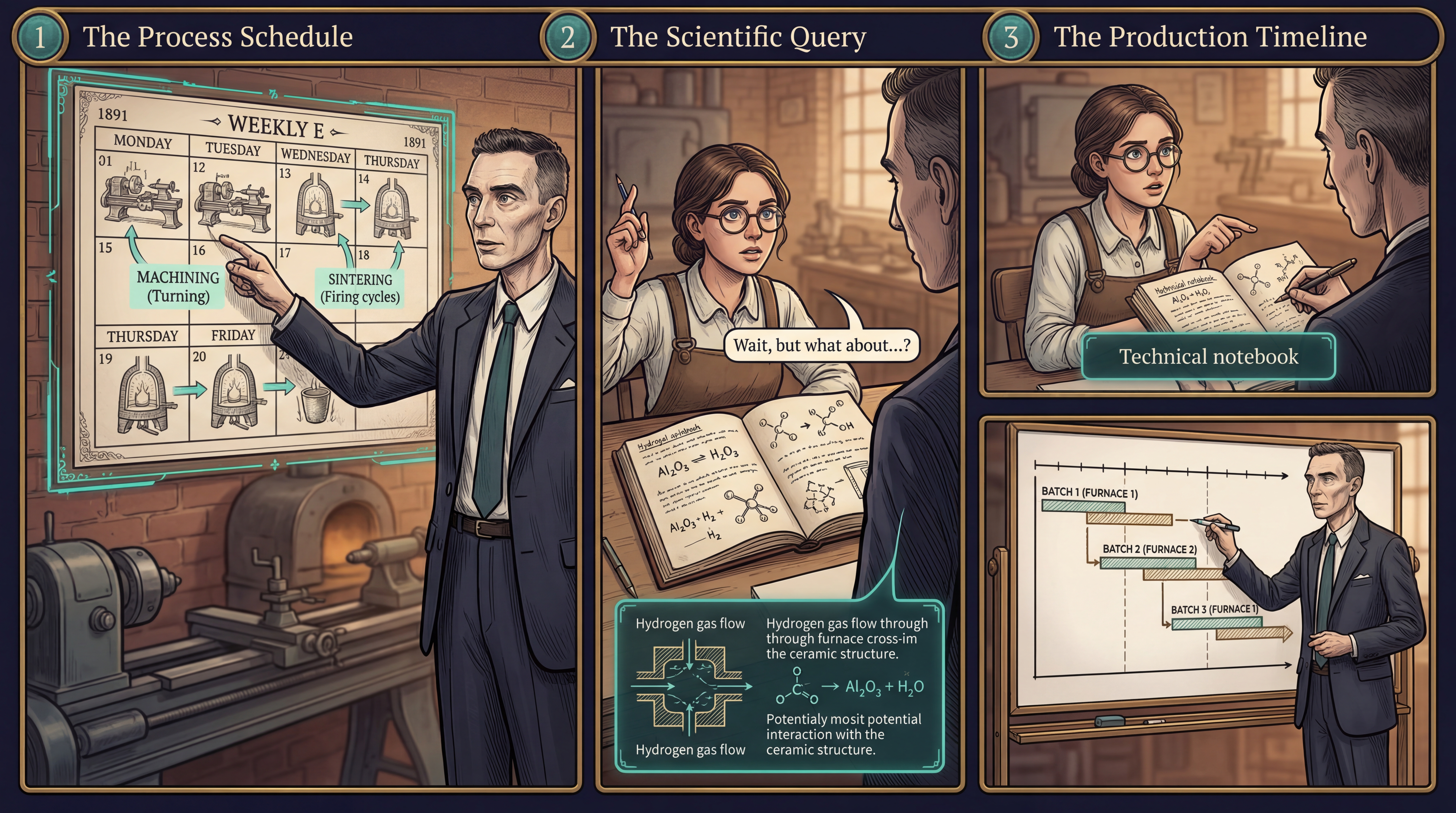 Oppenheimer pointing at calendar, Danielle raises hand, Gantt chart