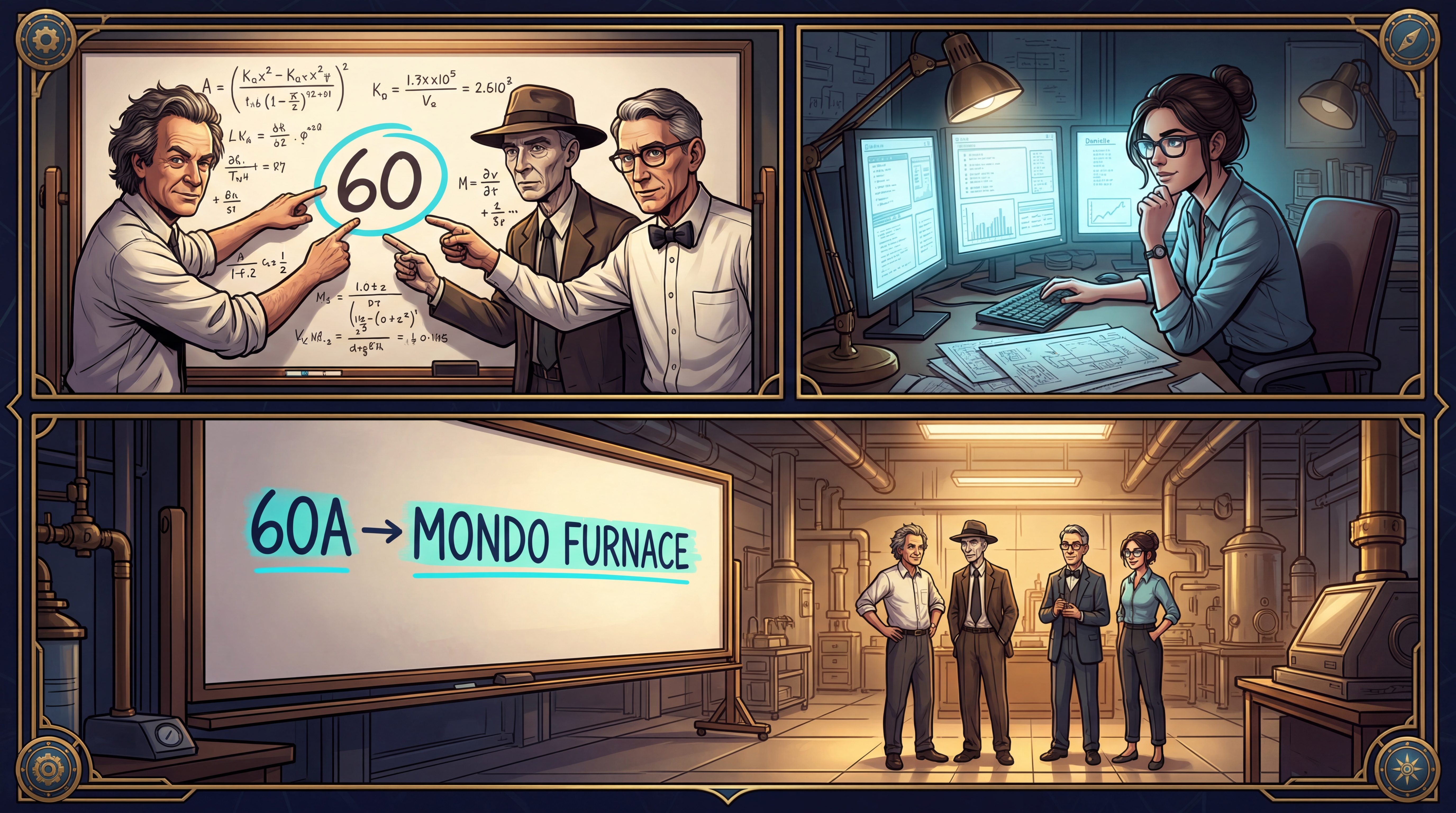 All three point at 60 on whiteboard, Danielle at monitors, group shot