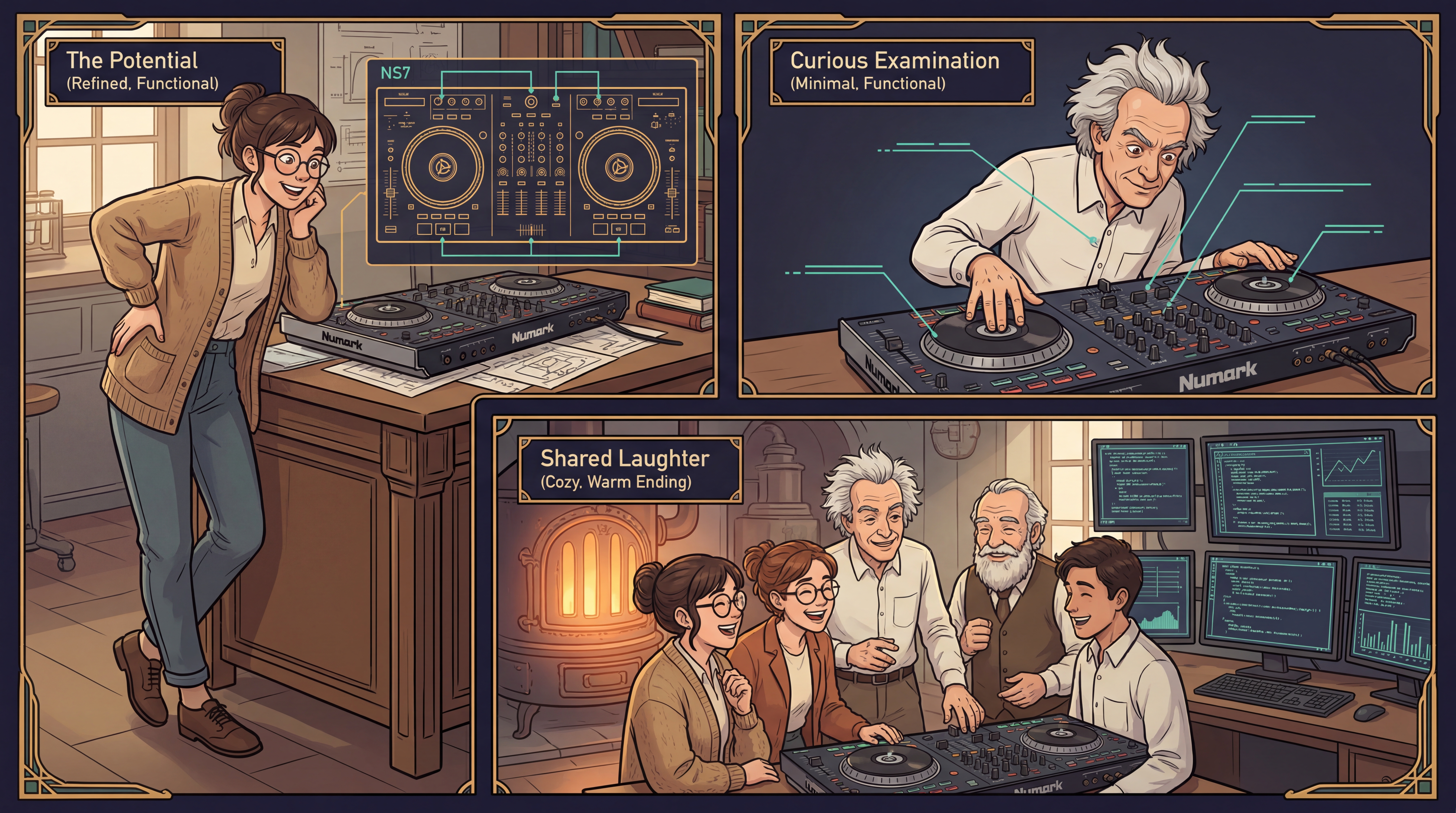 Danielle grins at DJ controller, Feynman examines turntable, all laugh