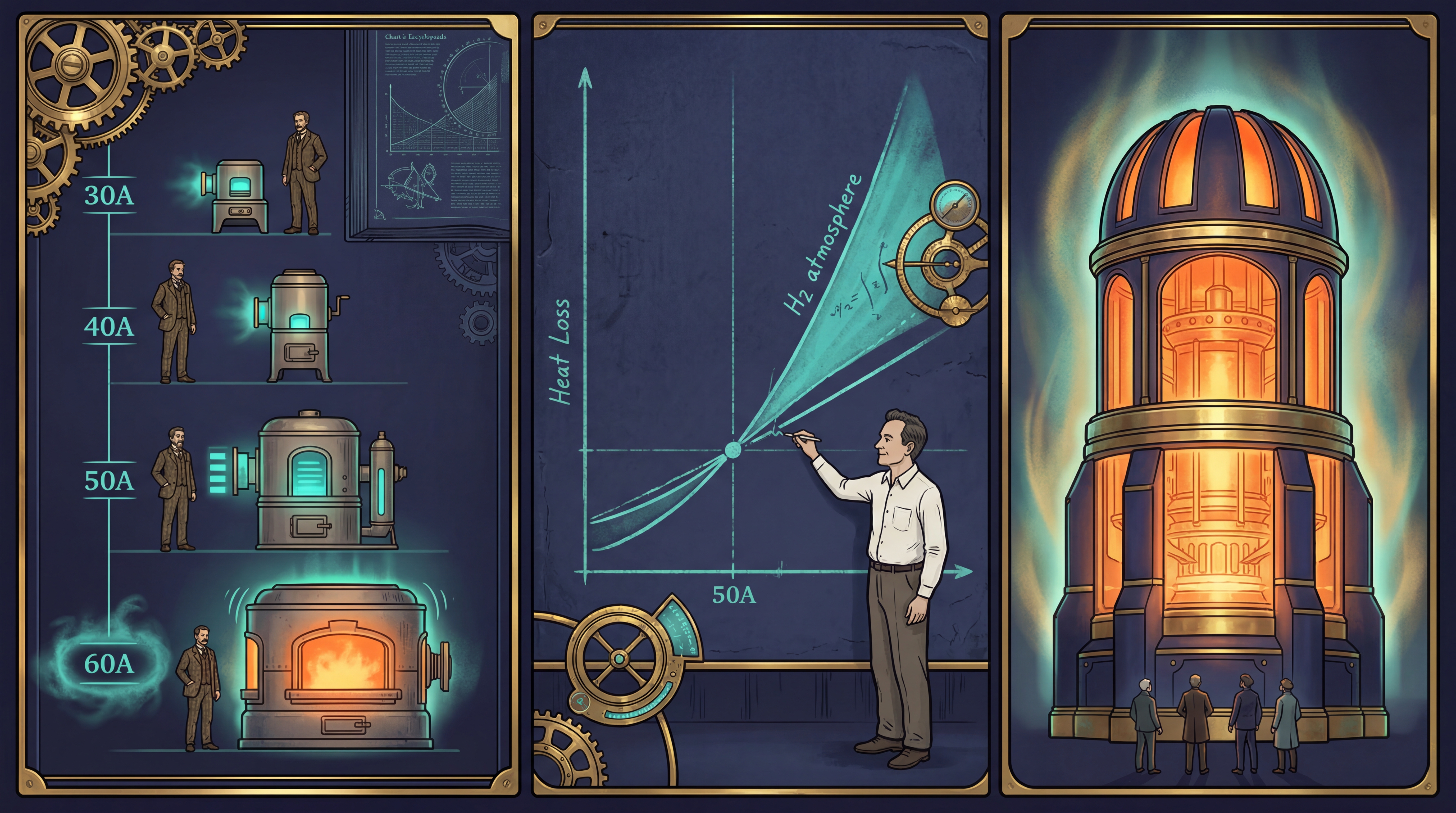 Furnace scale comparison from tiny to massive, team looking up in awe