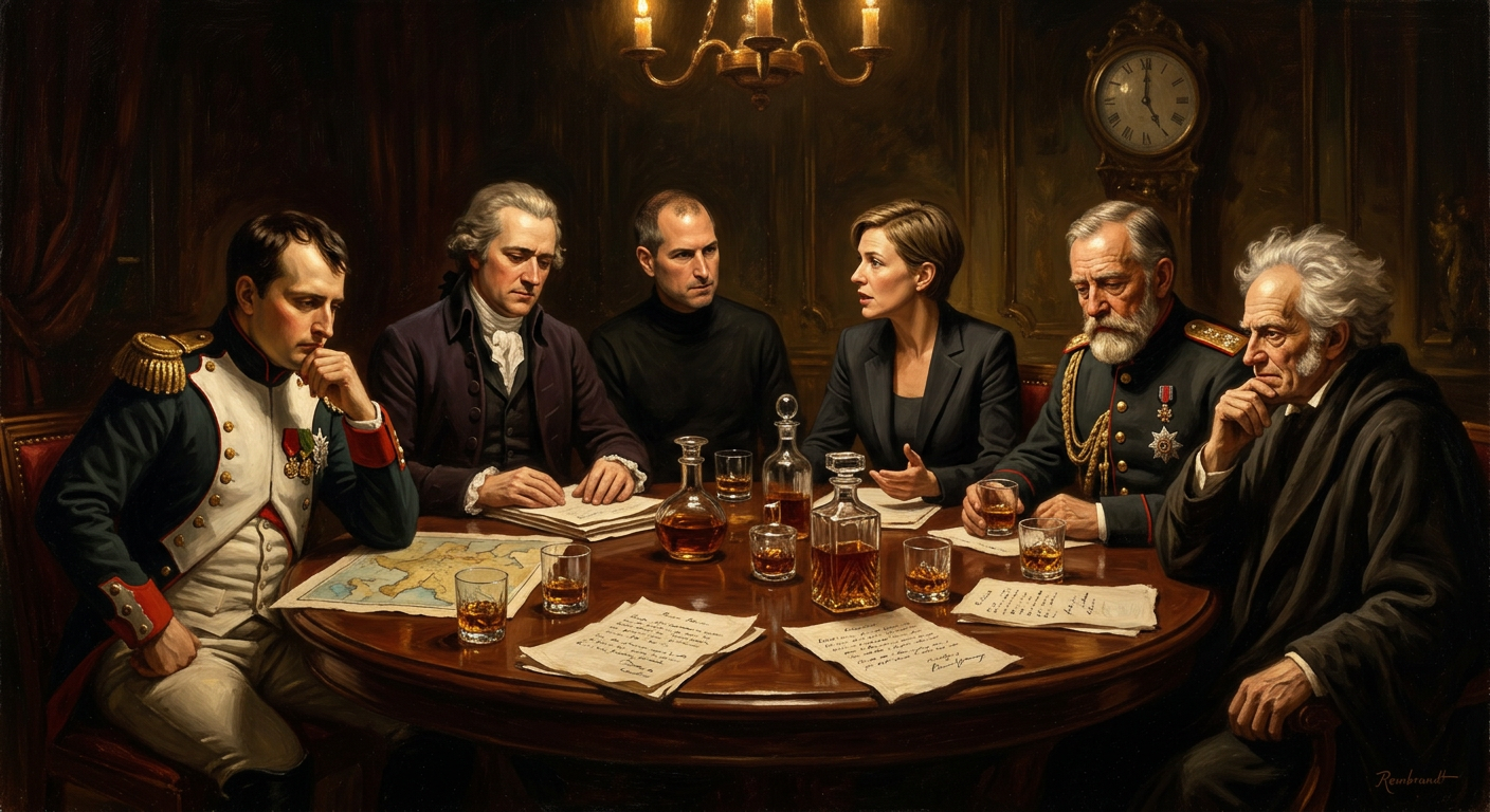 Six figures around a table with whisky glasses, dramatic chiaroscuro lighting