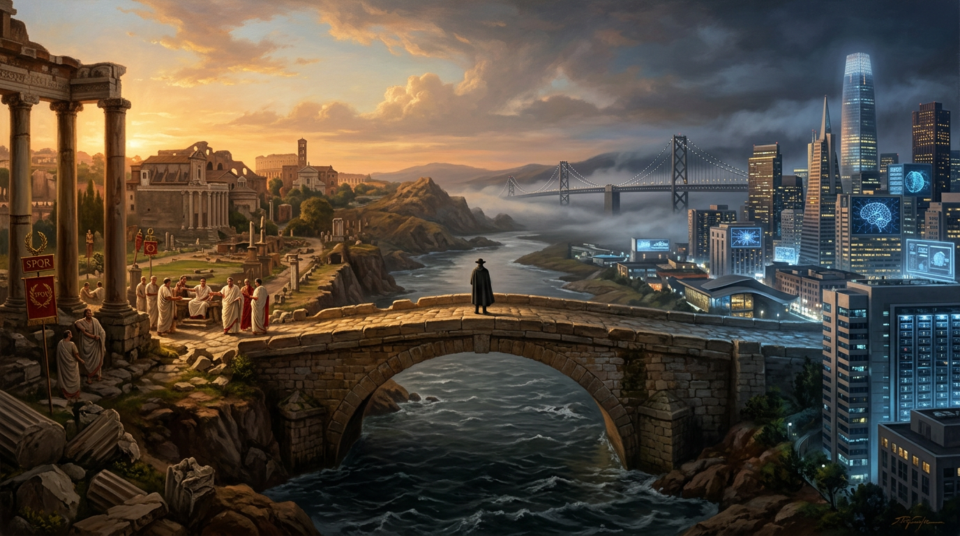 Rome on one side, San Francisco on the other, figure standing at the midpoint refusing to cross