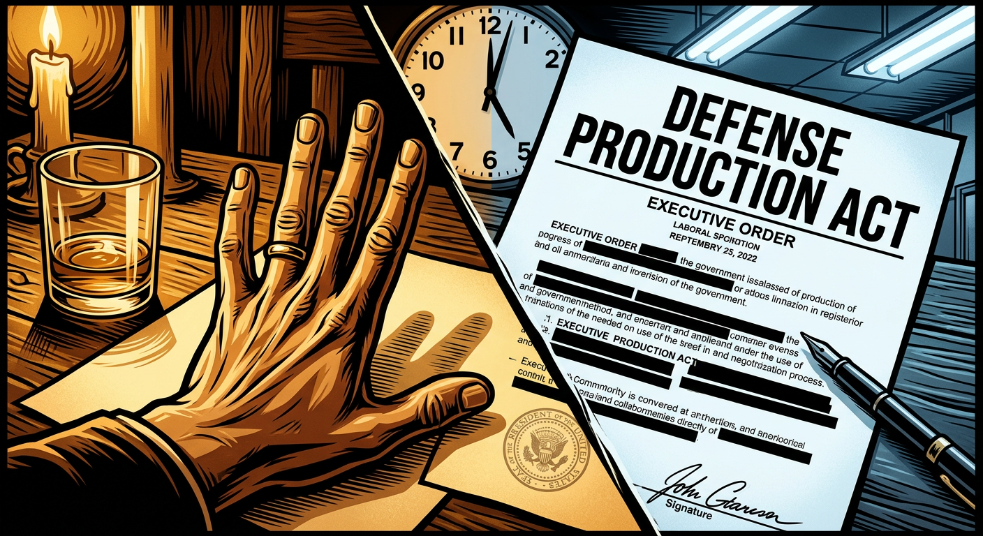 A hand refusing to sign the Defense Production Act document, split warm/cold lighting